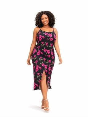 Torrid 4X Black Rose Midi Slip Dress Lace-Up Back Criss Cross Strappy